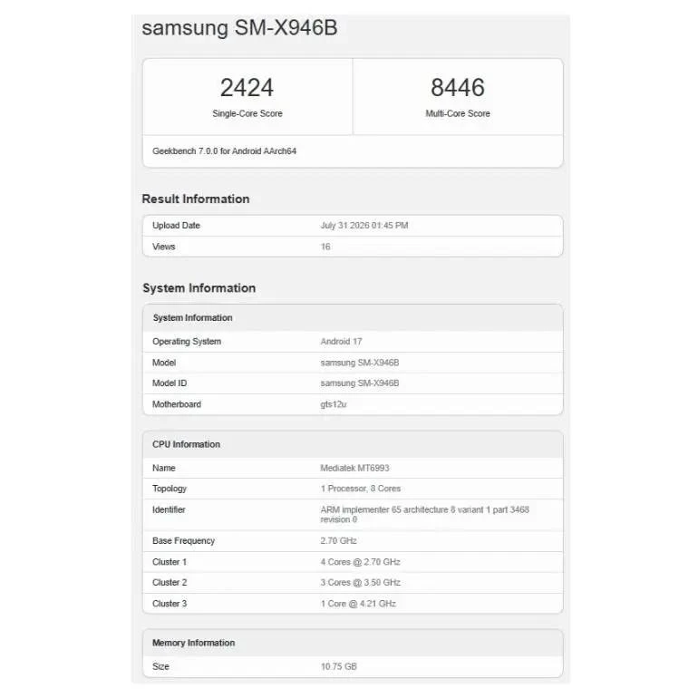 Samsung Galaxy Tab S12 Ultra помітили в Geekbench: підтверджено процесор Dimensity 9500 4 Samsung Galaxy Tab S12 Ultra, Galaxy Tab S12 Ultra Geekbench, Samsung планшет, Dimensity 9500, Galaxy Tab S12 Ultra характеристики, One UI 9, Android 17, Galaxy Tab S12 Ultra дата виходу, Samsung Galaxy Tab, Geekbench
