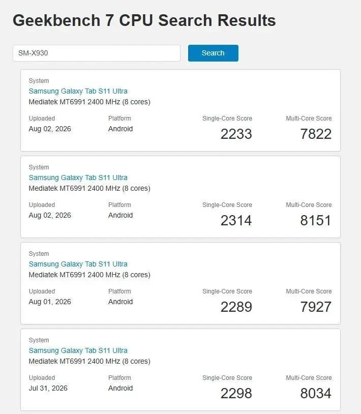 Samsung Galaxy Tab S12 Ultra помітили в Geekbench: підтверджено процесор Dimensity 9500 5 Samsung Galaxy Tab S12 Ultra, Galaxy Tab S12 Ultra Geekbench, Samsung планшет, Dimensity 9500, Galaxy Tab S12 Ultra характеристики, One UI 9, Android 17, Galaxy Tab S12 Ultra дата виходу, Samsung Galaxy Tab, Geekbench